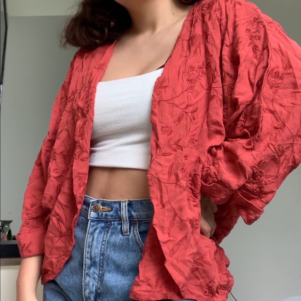 Flowy Burnt Orange Rusty Floral Embroidered Kimono